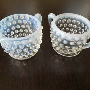 Fenton Glass Vintage Opalescent Hobnail Moonstone Mini Creamer Sugar Bowl Set